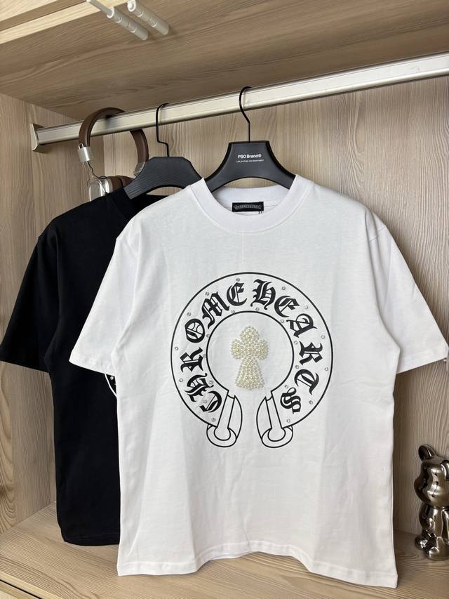 特价 两色码数齐全 款号：Dc85# 克罗心重工立体珍珠镶嵌手工钻石圆领印花短袖T恤 Chromehearts克罗心280克纯棉双砂面料 原版原标，最大可穿20