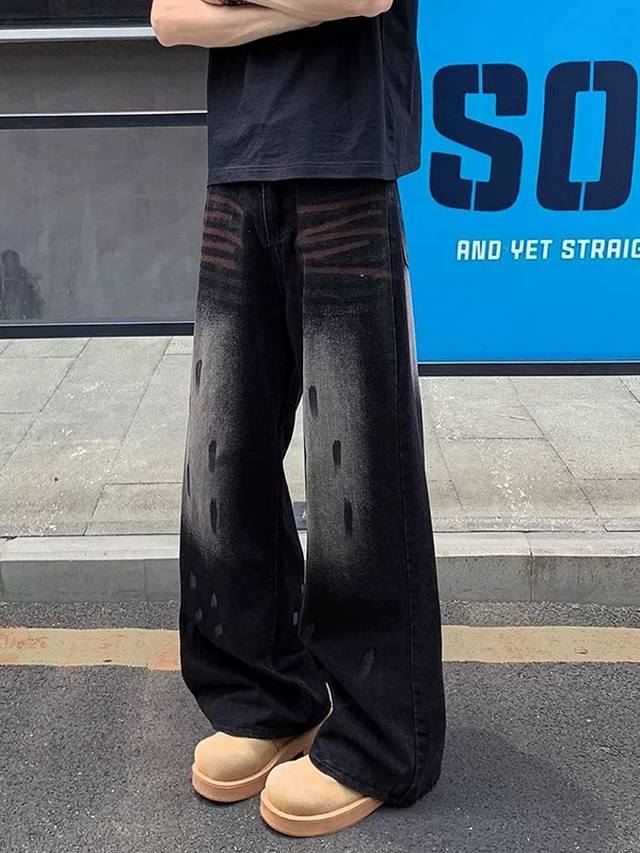 款号Xk3726 美式复古脏洗做旧牛仔裤男女款潮牌宽松直筒阔腿裤设计感长裤子，面料定制经过一流的高工艺水洗 ，质地紧密 色泽均匀 纹理清晰，上身非常舒适 直筒版