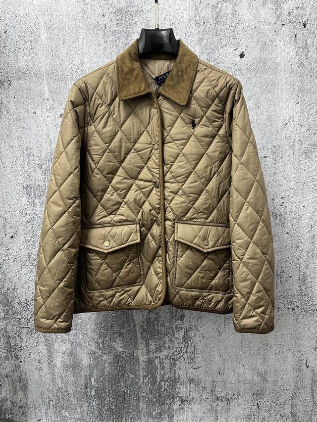 Ralph Lauren 拉夫劳伦新款胸前徽标Logo刺绣菱形格纹翻领灯芯绒棉服夹克外套 做工细节完美把控，胸前精美小标刺绣，灯芯绒拼色翻领，口袋设计尽显细节，