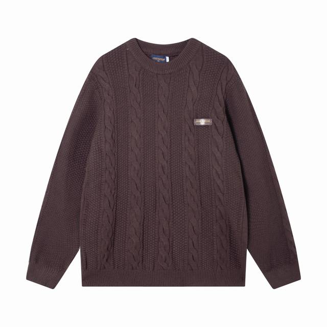 Lv 驴家 麻花条 皮牌 圆领针织羊毛毛衣 颜色：棕色 码数：S M L Xl Xxl