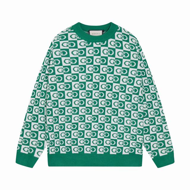 Gucci 古驰满身双G格子提花圆领毛衣 颜色：蓝色 绿色 码数：S M L Xl Xxl