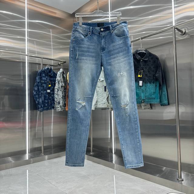 Rta 破洞+字母刺绣工艺街头潮流修身小脚弹力牛仔裤 颜色 蓝色 码数 30 32 34 36 38
