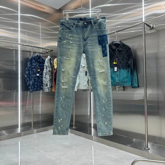Rta 破洞涂鸦+字母刺绣工艺街头潮流修身小脚弹力牛仔裤 颜色 蓝色 码数 30 32 34 36 38