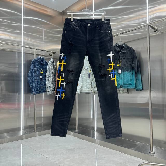 Rta 破洞+十字架刺绣工艺街头潮流修身小脚弹力牛仔裤 颜色 黑色 码数 30 32 34 36 38