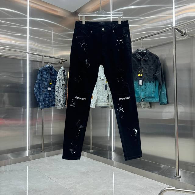 Rta 涂鸦+字母直喷工艺街头潮流修身小脚弹力牛仔裤 颜色 黑色 码数 30 32 34 36 38