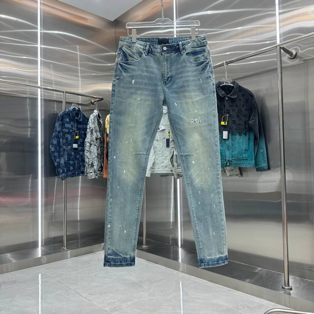 Rta 涂鸦+字母刺绣工艺街头潮流修身小脚弹力牛仔裤 颜色 蓝色 码数 30 32 34 36 38