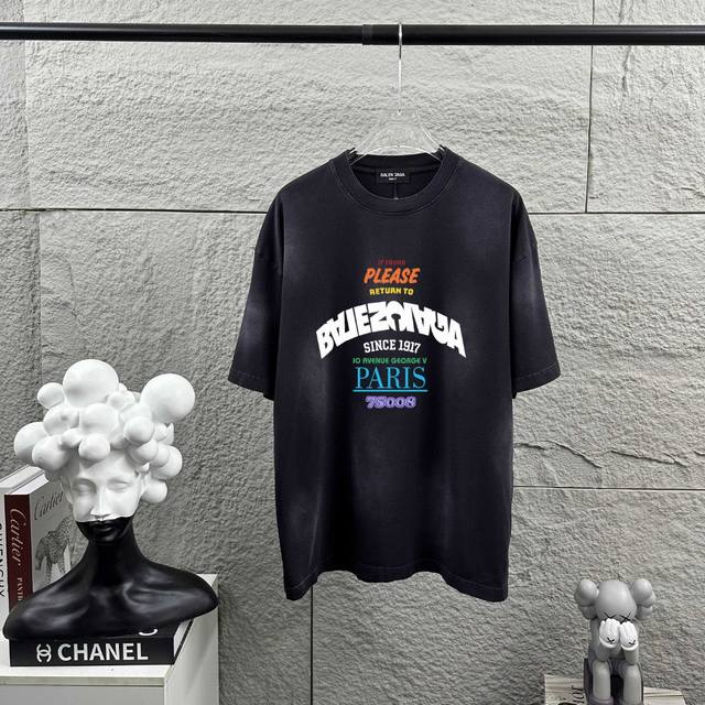 Balenci*Ga 巴黎2025早春新款 重工酸洗渐变做旧斑点 胸前字母印花 定制面料 短袖T恤 男女同款 尺码：S M L Xl Xxl 欧码尺码偏大 颜色