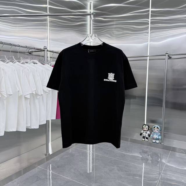 Amlri 2025春秋新款 320克 圆领短袖 植绒立体硅胶工艺 男女同款宽松版 S M L Xl Xxl 五个码 黑色 白色 灰色