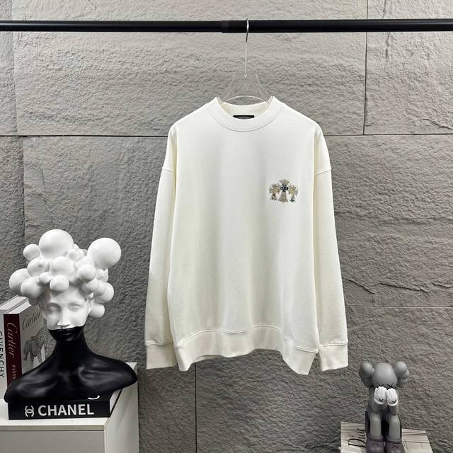 Ch*克罗心*2025早秋冬季新款 经典马蹄十字架梵文立体厚板硅胶+贴布绣烫钻工艺 定制毛圈面料 长袖圆领套头卫衣，男女同款 颜色：黑色 白色 尺码： S 90