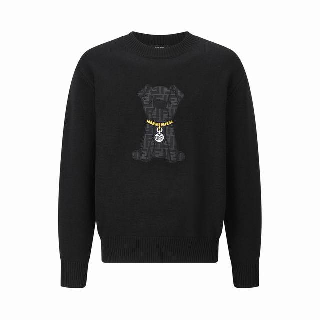Fd 25Fw Ff提花贴片小熊圆领毛衣 原版11,700购入开发，面料采用50%羊毛，40棉%，10%涤纶。胸前小狗贴布面料采用丝光牛津棉纱布，周边以刺绣包边