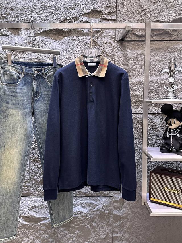 Bur* 25Ss秋冬新品长袖翻领polo衫 高端版本 官网同步面料定制1:1精棉大珠 高品质棉花原料 高端大气 版型整体走线平直细腻 面料舒适柔软 对版对位