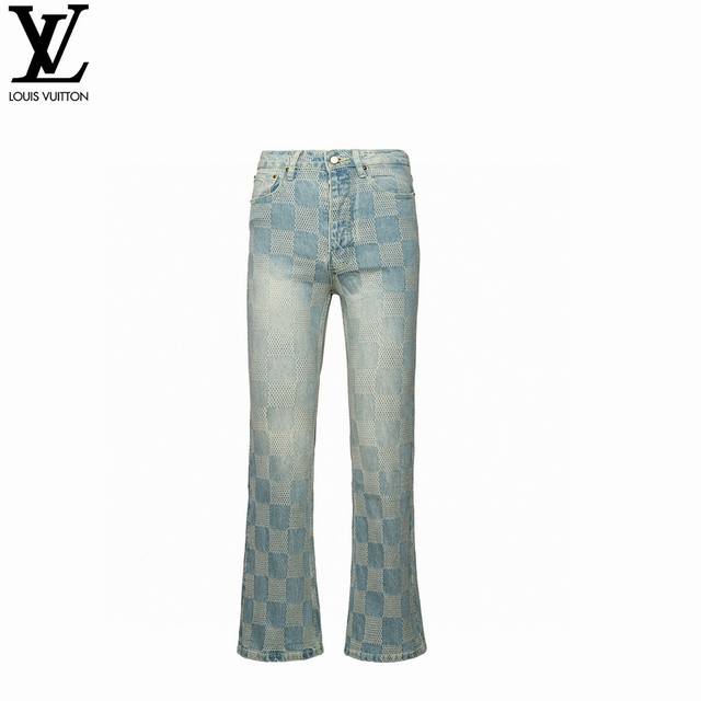 Louis Vuitton 路易威登 25Ss 棋盘格喇叭牛仔裤 面料：采用7*10按丹宁坚纹牛仔面料. 原版定织.方格部分采用色织提花工艺.全方面按原版对位定