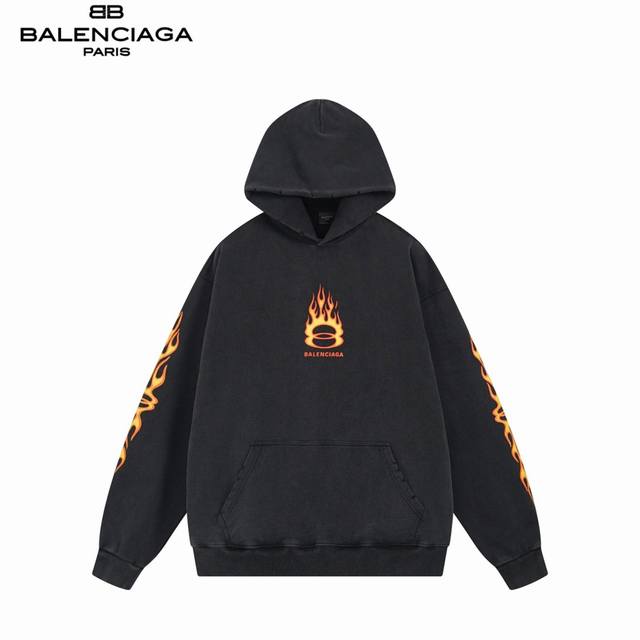 Balenciaga 巴黎世家 25Fw 火焰直喷做旧连帽卫衣 新款.第一时间正品研制，巨别市场通货。欢印对比！面料采用巴黎Zp定织定染全棉大卫衣。克重 克，布