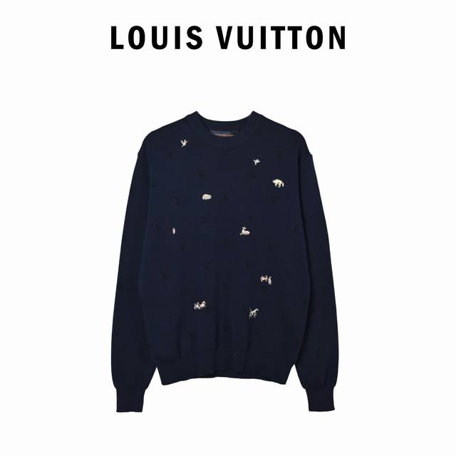 Louis Vuitton路易威登 动物刺绣提花标识针织衫 面料采用50%羊毛，30%棉，20%锦纶。刺绣采用3D立体刺绣，前片全幅采用动物刺绣做为该款服饰的设