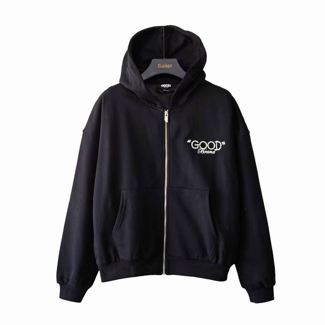 实拍细节图+尺码表 Goodbrand 珍珠标语宽松拉链开衫连帽卫衣长袖外套 男女情侣同款，500克重磅纯棉面料，原版，1：1 颜色：黑色、酒红色。Kc031