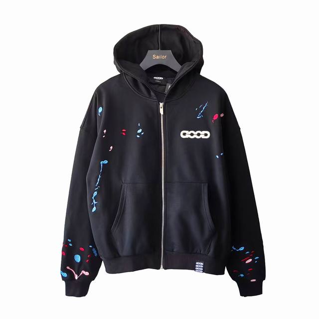 实拍细节图+尺码表 Gb-Goodbrand 糖果刺绣泼墨开衫连帽卫衣 男女同款，500克重磅纯棉面料，原版1：1 颜色：黑色，白色。Kq032 尺码：S. M