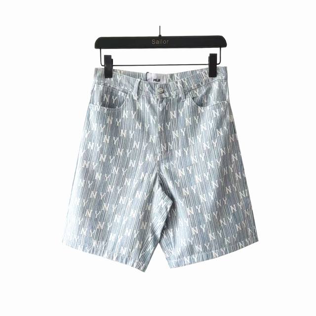 实拍细节图+细节图 Mlb 洋基队 Ny满印水洗牛仔五分短裤 Ny满印 水洗工艺 宽松版型 男女同款 全套定制辅料 细节完美 颜色:蓝色75 尺码:S-Xl