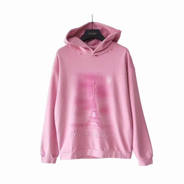 实拍细节图+尺码表 Balenciaga 巴黎世家 正立铁塔直喷破洞连帽卫衣 24年新主麦上身 印花采用康丽直喷前后 菲林晒网就做了半个月 耗费5套菲林贵就贵在