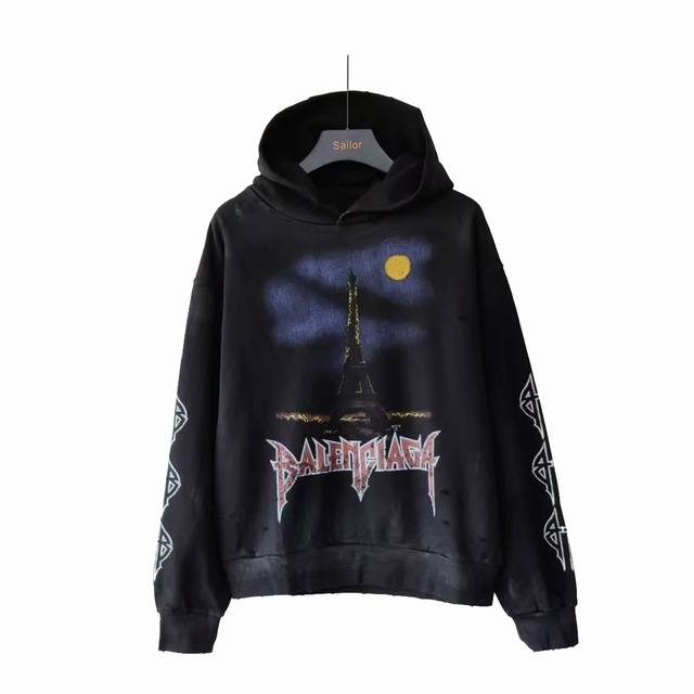 实拍细节图+尺码表 巴黎世家Balenciaga 正立铁塔直喷连帽卫衣 23年新主麦上身 印花采用康丽直喷前后 菲林晒网就做了半个月 耗费5套菲林贵就贵在开发费