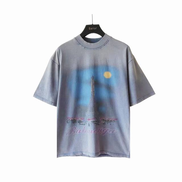 实拍细节图+尺码表 巴黎世家Balenciaga 正立铁塔直喷短袖 24年新主麦上身 印花采用康丽直喷前后 菲林晒网就做了半个月 耗费5套菲林贵就贵在开发费用