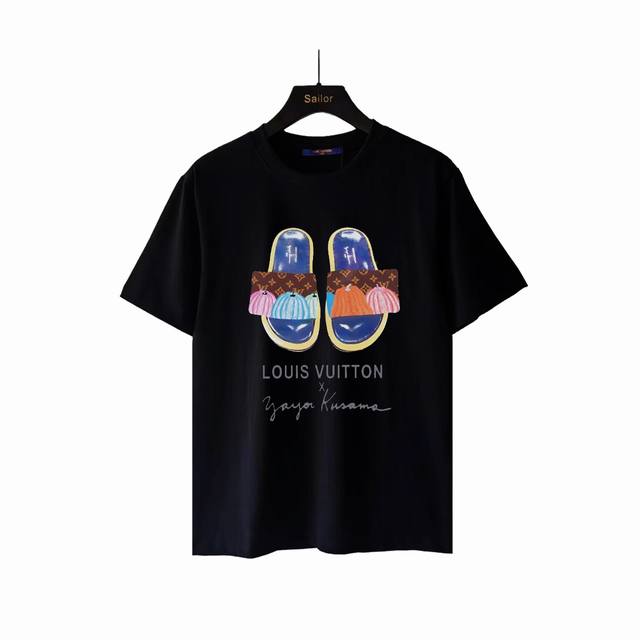 实拍细节图+尺码表 Louis Vuitton 路易 登威 24Ss南瓜拖鞋Logo印花短袖T恤 年春夏新款 重工印花 原版进口定制260克纯棉 高密度螺纹同缸