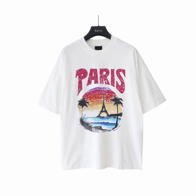 实拍细节图+尺码表 巴黎世家Balenciaga椰树铁塔后背蝙蝠Logo短袖 进口椭圆机处理 在网点印花还得椭圆机高级 椰树采用数码直喷工艺 细节自行品味 还原