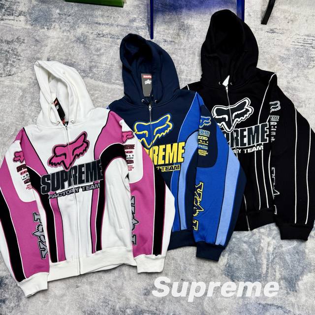 供 Supreme X Fox Racing 狐狸联名款 Fw25 Fw25 Week9 Zip Up Hooded Sweatshirt Logo图案拉链连帽