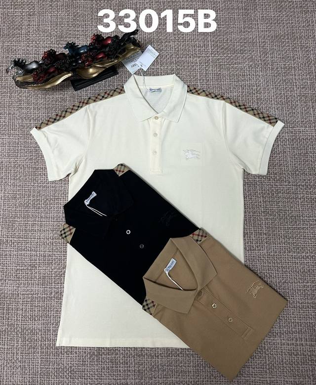 巴宝莉翻领33015B男款开胸，纯棉面料，刺绣工艺，黑色，咖色，杏色，M L Xl Xxl Xxxl码