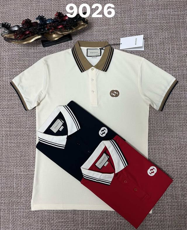 古驰翻领9026男款开胸，纯棉面料，刺绣工艺，宝蓝，杏色，红色，M L Xl Xxl Xxxl码