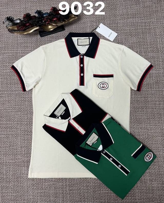 古驰翻领9032男款开胸，纯棉面料，刺绣口袋工艺，黑色，绿色，杏色，M L Xl Xxl Xxxl码