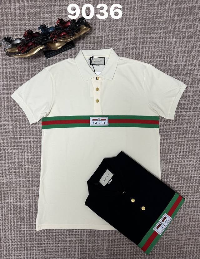 古驰翻领9036男款开胸，纯棉面料，织带章仔工艺，黑色，杏色，M L Xl Xxl Xxxl码