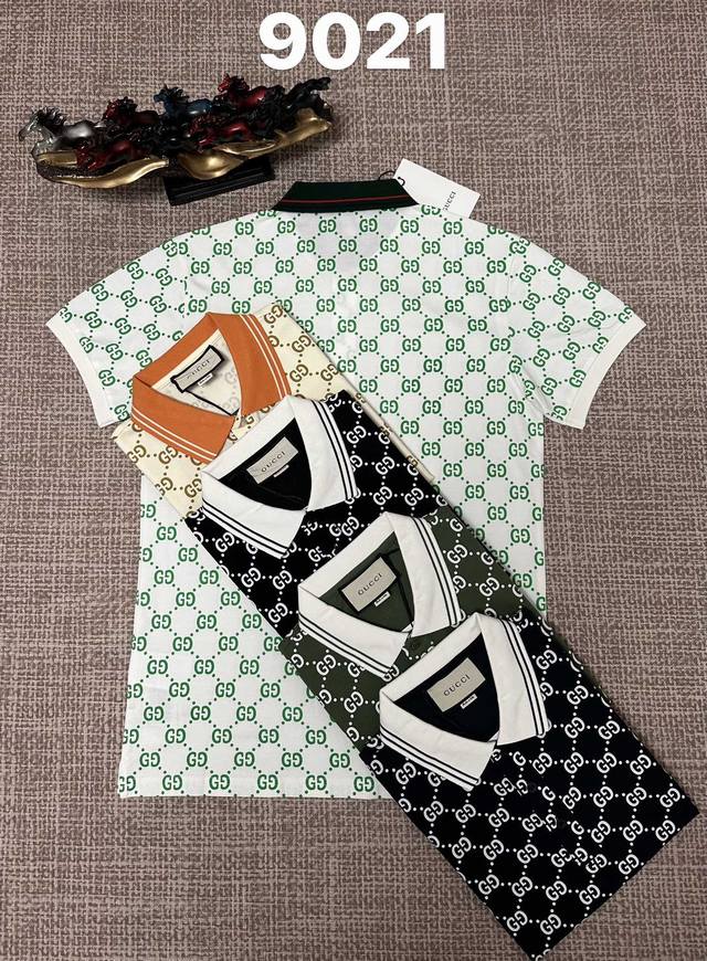 古驰翻领9021男款开胸，纯棉面料，印花工艺，黑色，宝蓝，绿色，杏色，白色，M L Xl Xxl Xxxl码