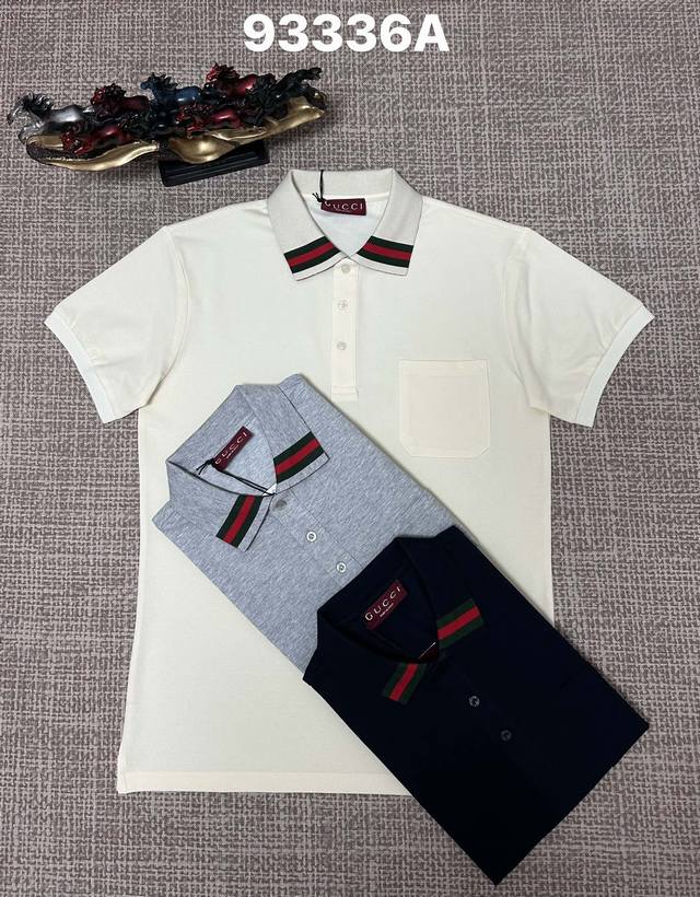 古驰翻领93336A男款开胸，纯棉面料，提花衣领工艺，宝蓝色，杏色，灰色，M L Xl Xxl Xxxl码