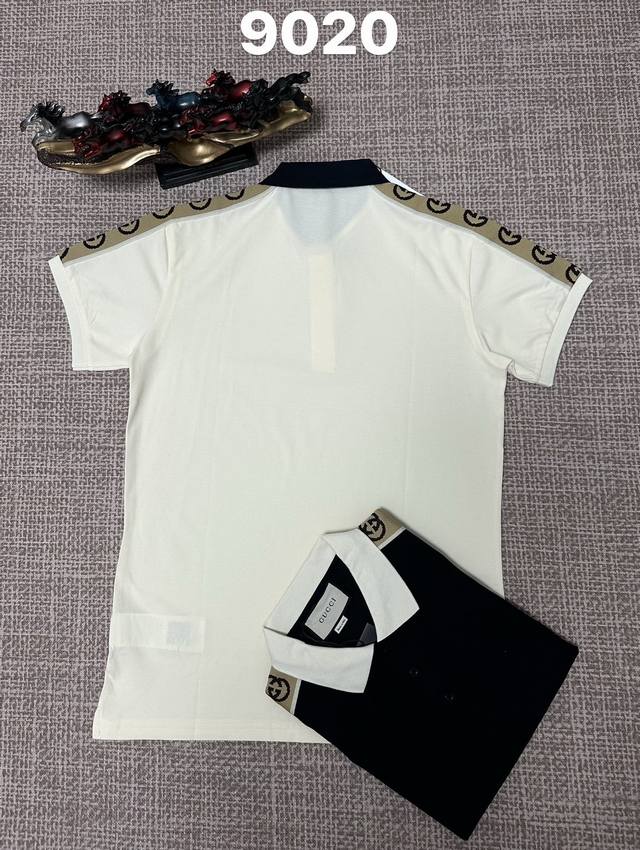 古驰翻领9020男款开胸，纯棉面料，织带工艺，黑色，杏色、M L Xl Xxl Xxxl码