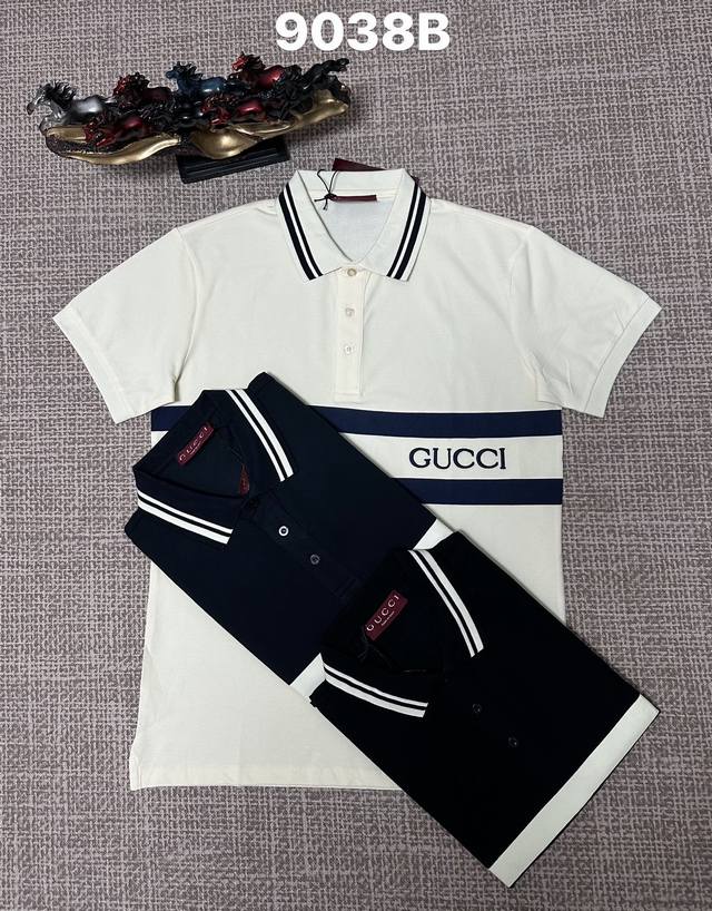 古驰翻领9038B男款开胸，纯棉面料，刺绣与印花工艺，黑色，宝蓝，杏色，M L Xl Xxl Xxxl码