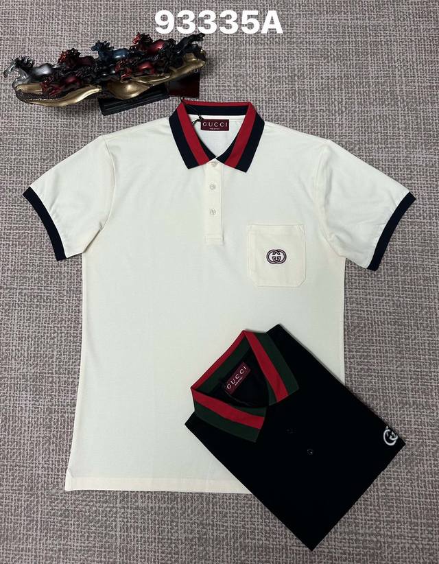 古驰翻领93335A男款开胸，纯棉面料，刺绣工艺，黑色，杏色、M L Xl Xxl Xxxl码