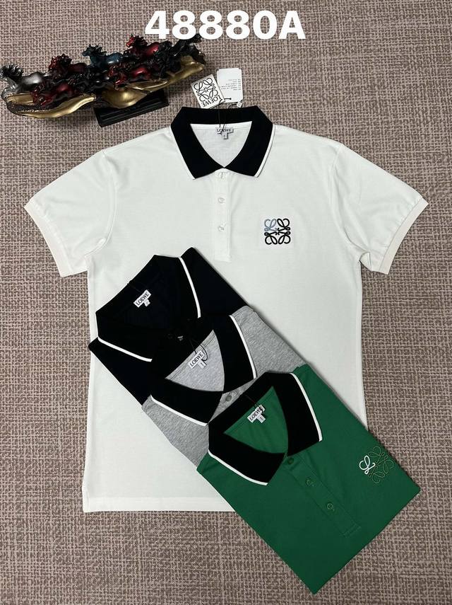 罗意威翻领48880A男款开胸，纯棉面料，刺绣工艺，黑色，白色，灰色，绿色、M L Xl Xxl Xxxl码