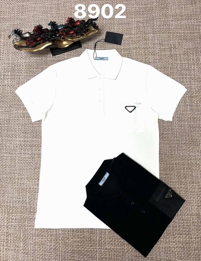 普拉达翻领8902男款开胸，纯棉面料，口袋章仔工艺，黑色，白色，M L Xl Xxl Xxxl码