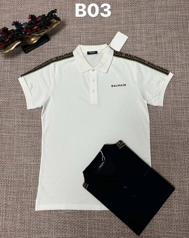 巴尔曼翻领B03男款开胸，纯棉面料，印花工艺，黑色，白色，M L Xl Xxl Xxxl码
