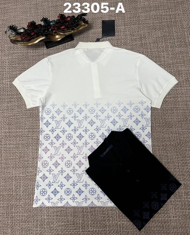 Lv翻领22305-A男款开胸，纯棉面料，印花工艺，黑色，白色，M L Xl Xxl Xxxl码