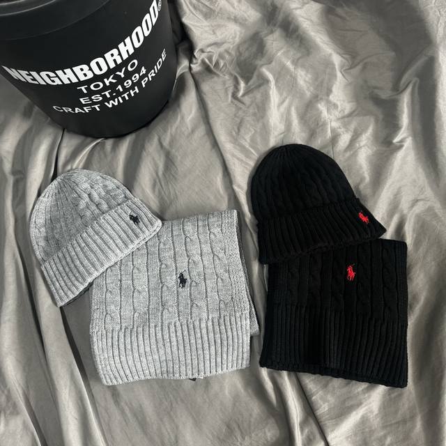 围巾p 帽子p80 Ralph Lauren拉夫劳伦小马刺绣经典绞花针织围巾冷帽 标志性小马标｜温暖针织绞花肌理｜秋冬百搭质感款 黑色 灰色