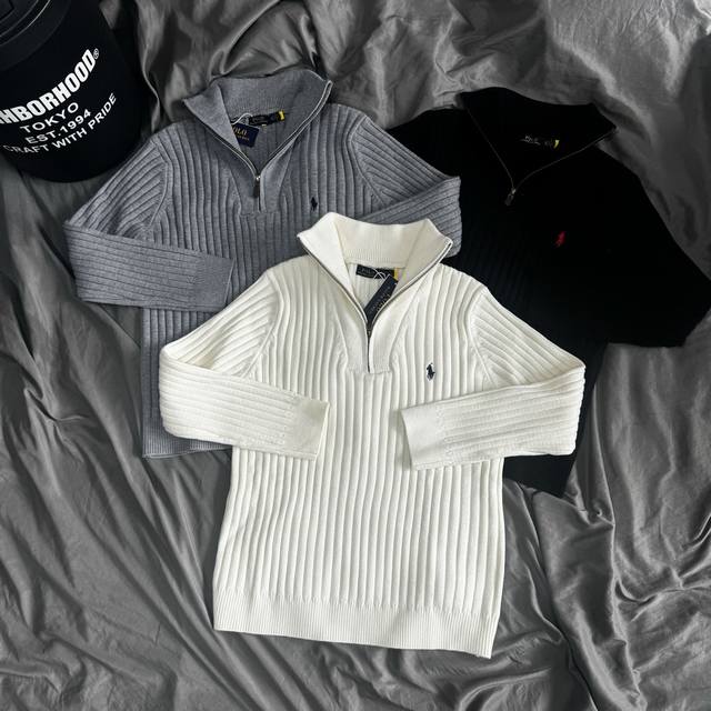 升级版 拉夫劳伦经典刺绣半拉链小马Logo纯色坑条针织衫毛衣 -面料采用高克重羊毛混纺面料，份量十足！上身柔软舒适，亲肤保暖，贴身穿也不会有异物感，胸口绣花采用