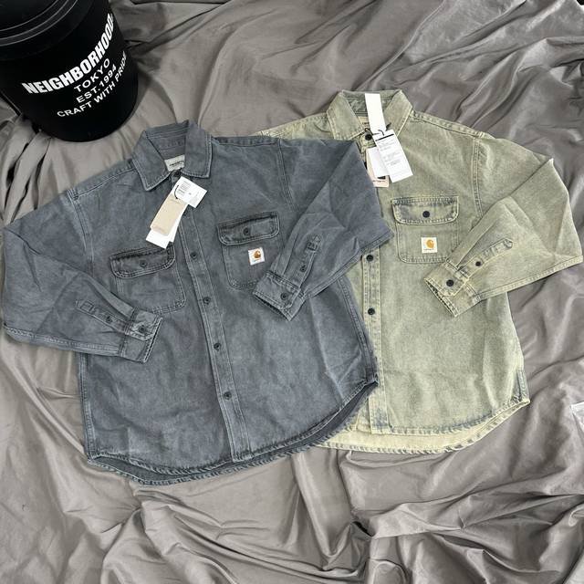 Carhartt Wip卡哈特胸前口袋水洗做旧衬衫式牛仔外套 颜色:水洗灰绿 水洗黑 衣长