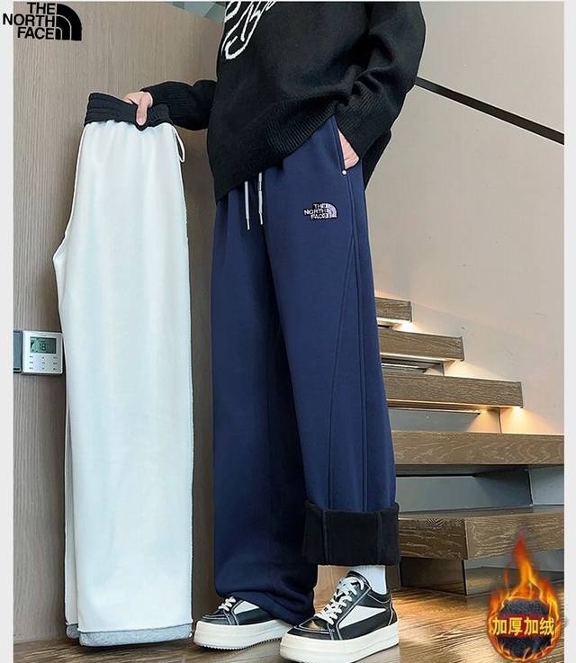 北面The North Face冬季新款，男女同款加绒加厚奥粒绒水洗棉加绒宽束两穿休闲运动裤，男士直筒裤长裤！ 裤子版型宽松 细节完美 全棉磨毛针织加绒加厚面料