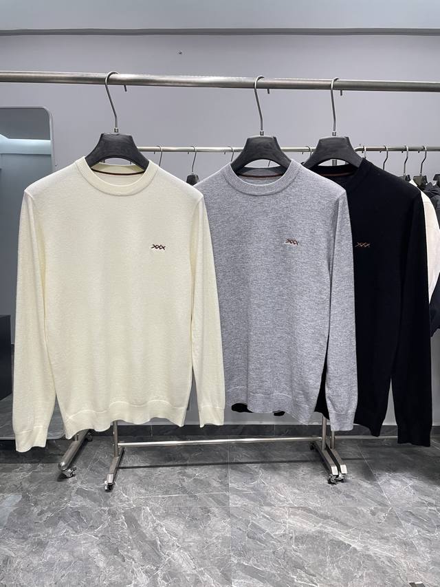 Ez25Fw秋冬新款优质羊绒羊毛混纺纱线针织圆领毛衣，男士胸口三叉Logo刺绣基础休闲套头毛衣针织衫！贸易公司渠道稀出，Z家经典圆领款针织毛衣，为休闲衣橱奉上全