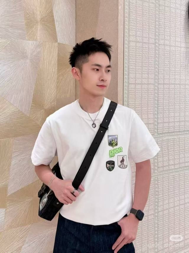 Dior徽章刺绣T恤25S新品迪奥这款徽章刺绣莫代尔T恤，采用 G莫代尔面料.軟糯舒适.圆领设计，左胸多枚刺绣徽章，融合品牌字母、山峰轮廓和抽象图案，辨识度超高