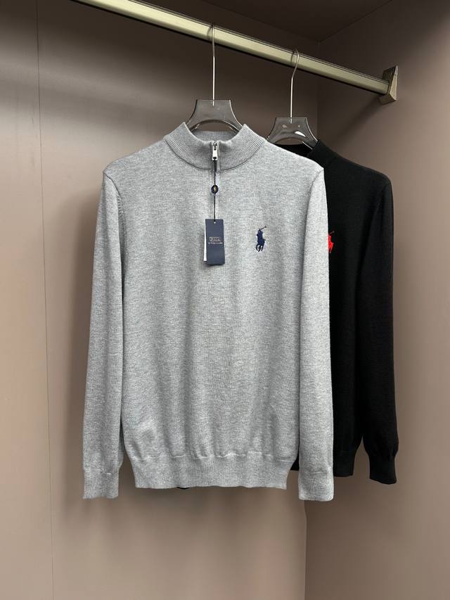 新品 香港洋行渠道货，重磅高端臻品，又一枚高奢品鉴白金级单品，2025秋冬新款Ra*ph L*Ur*N马球刺绣徽章男士商务休闲高端半高领拉链羊毛毛衣 羊毛衫。整