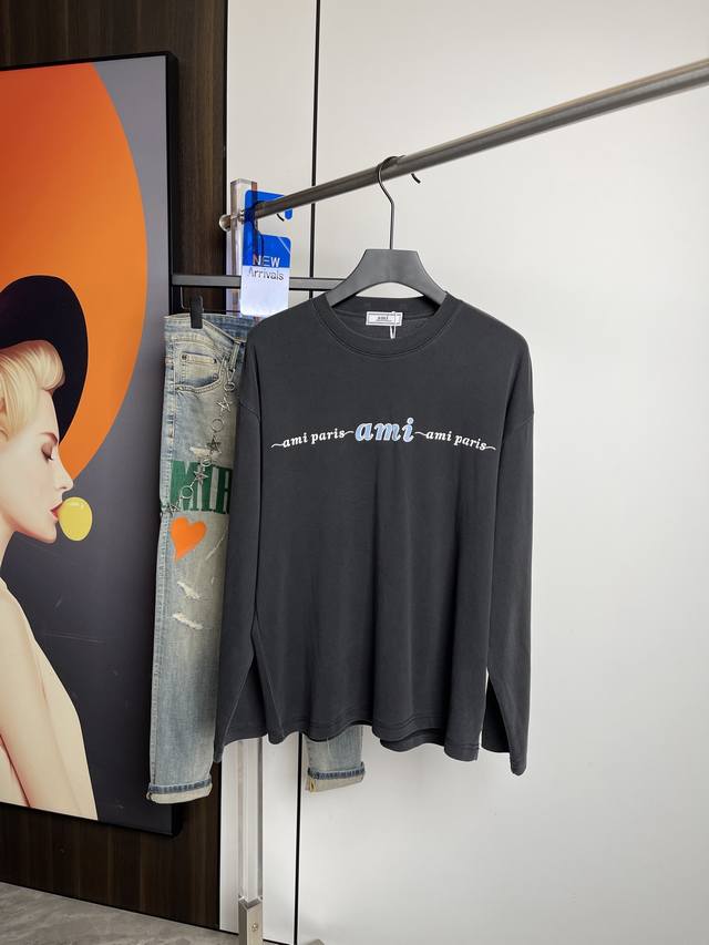 Ami25秋冬新品圆领长袖打底T！微宽松版！原版胶印 三标齐 ！简约百搭款。纯棉面料.穿着透气舒适！灰黑色 冬季打底必备！码数：M-2Xl Fkf