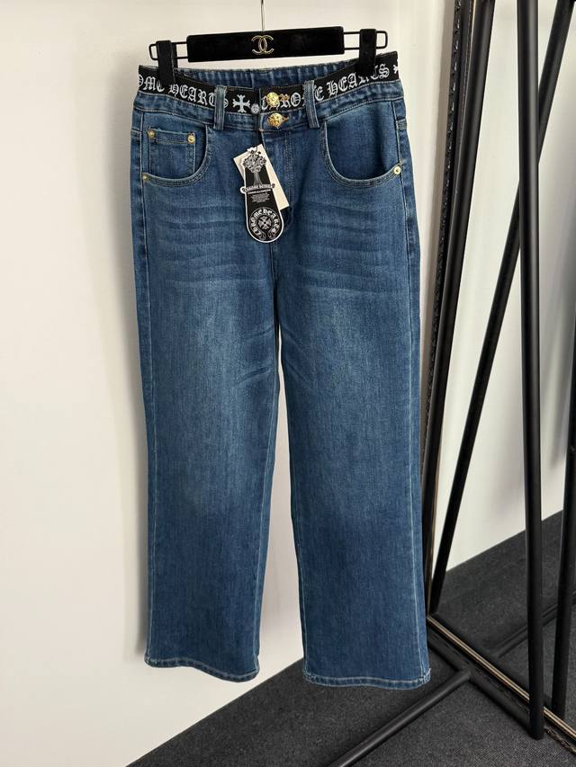 款号20258292 克罗心*新款 梵文织带拼接高腰显瘦牛仔长裤，蓝色，Sml， M码：腰围68稍微弹力，长109；重量：0.670Kg