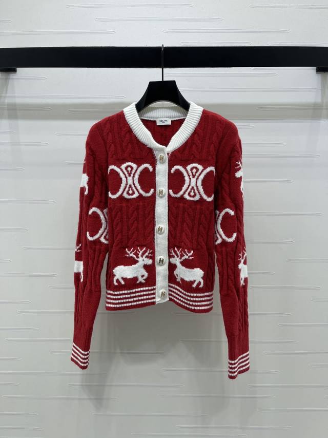 上新原单高端品质 Celin*2025秋冬最新系列！撞色凯旋门圆领针织开衫！定进口羊毛混纺材质织造 质感高级十足 圆领针织开衫剪裁 全开襟定制凯旋门纽扣设计 通